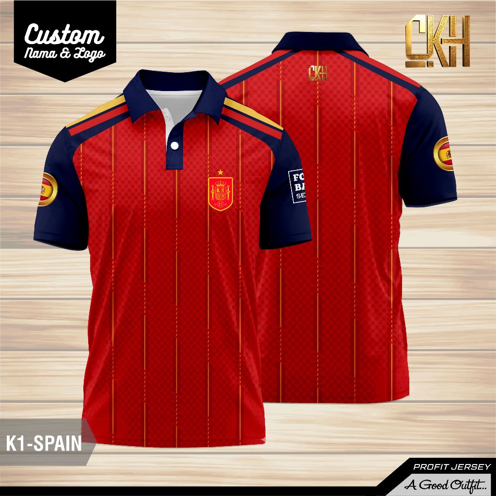 Jersey Polo Spain Kerah K1-SPAIN Custom Nama Logo / Kaos Bola Spanyol Premium / Kaos Polo Jersey Spa