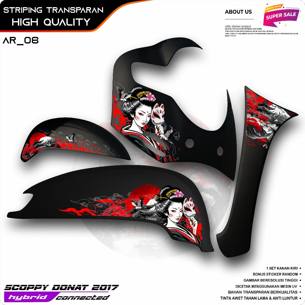 A-49 STRIPING TRANSPARAN UV CLEAR SUPERGLOSSY HONDA SCOOPY 2017 MOTIF GEISHA JEPANGKEREN TERBARU SUD