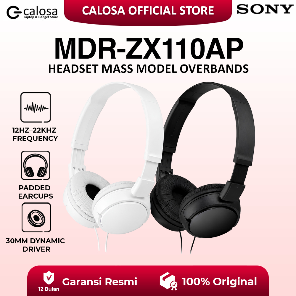 SONY MDR-ZX110AP Headset Wired Stereo Headphone with Mic Original Sony Resmi, Suara Bass Jernih, Des