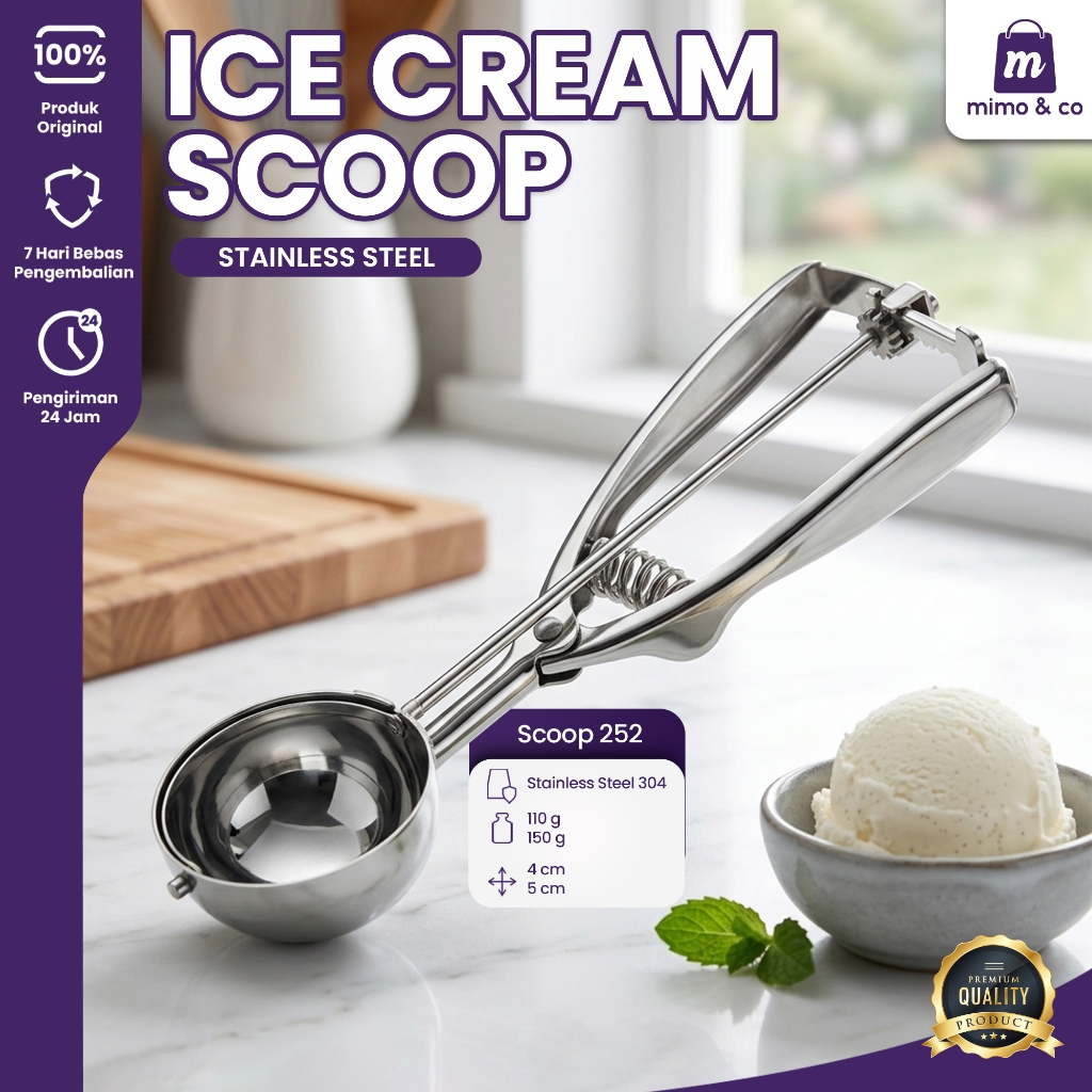 Sendok Es Krim Stainless Steel – Scoop Ice Cream Anti Jatuh Capit Serbaguna untuk Puding & Kue - 252