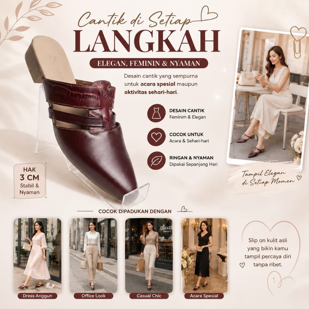 CLEOPATRA SLOP MULES WANITA ASLI KULIT SAPI