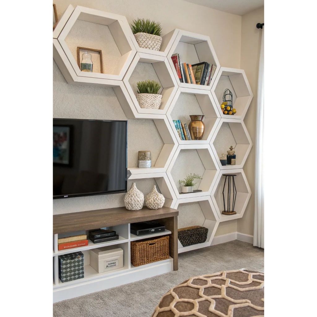 Rak dinding hexagonal segi enam kayu tempel dinding minimalist 1 pcs
