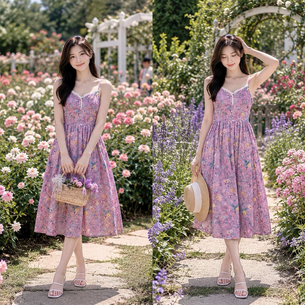 DRESS OL PANTAI VICTORY BUNGA BUNGA LILAC KOREAN STYLE