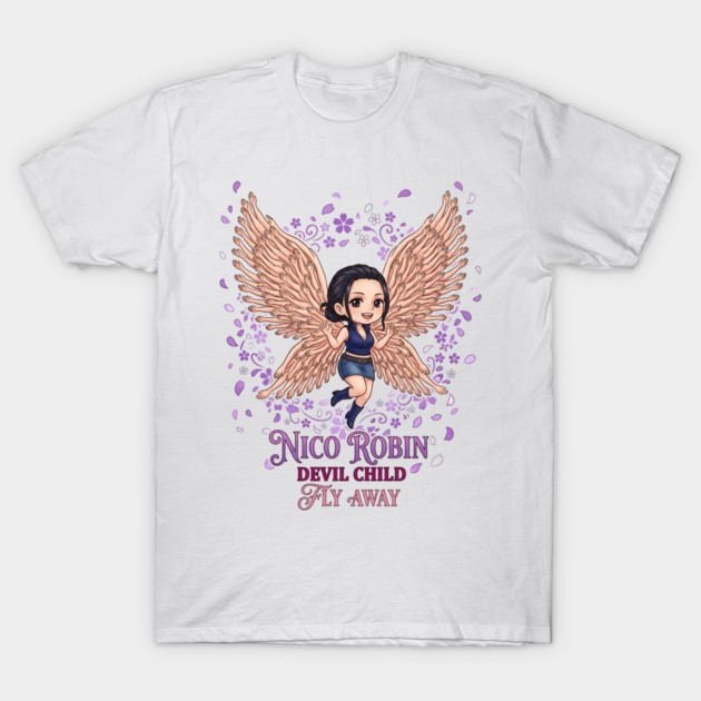 Kaos Putih Kartun Nico Robin Devil Child Dengan Sayap Dan Bunga Motif Anime