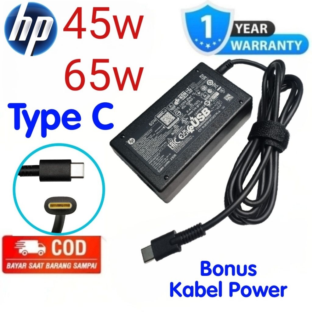 Charger HP Spectre, Envy, EliteBook, ProBook, dan Chromebook x360 ||Type C 45w 65w