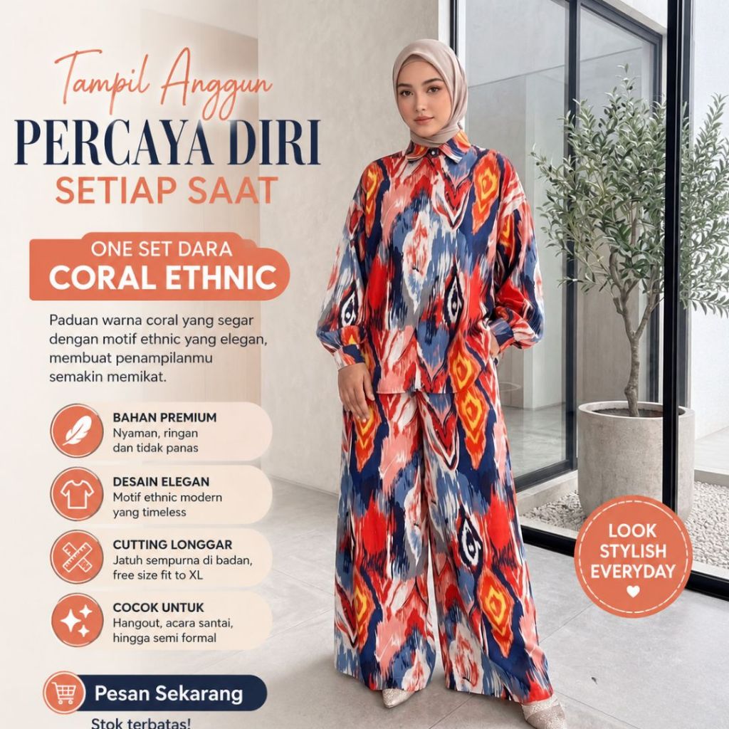 One Set Dara Blouse Batwing & Celana Kulot Wanita Motif Bunga Jumbo Oversize