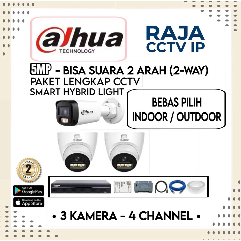 Paket Lengkap CCTV DAHUA 5MP 3 Kamera 4 Channel Audio Camera CCTV