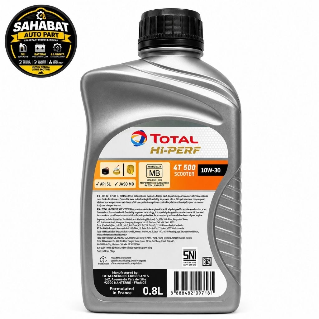 Oli Motor Matic Total HI-PERF Scooter 10W30 800ml - Perlindungan Mesin, Efisiensi Bahan Bakar, Kompr