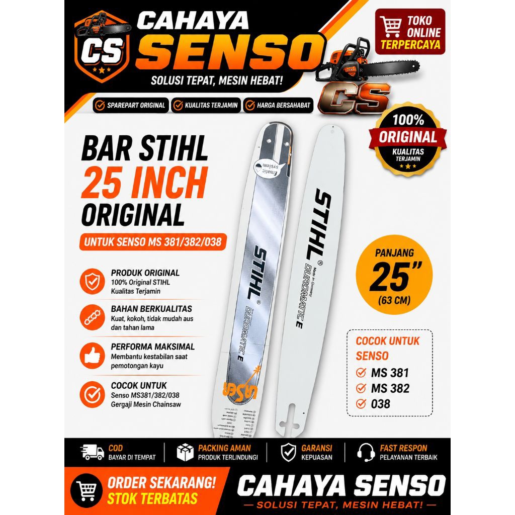 Stihl Bar Gergaji Kayu 25 Inch Original untuk Senso MS381/382/038 Kualitas Terjamin Performa Maksima