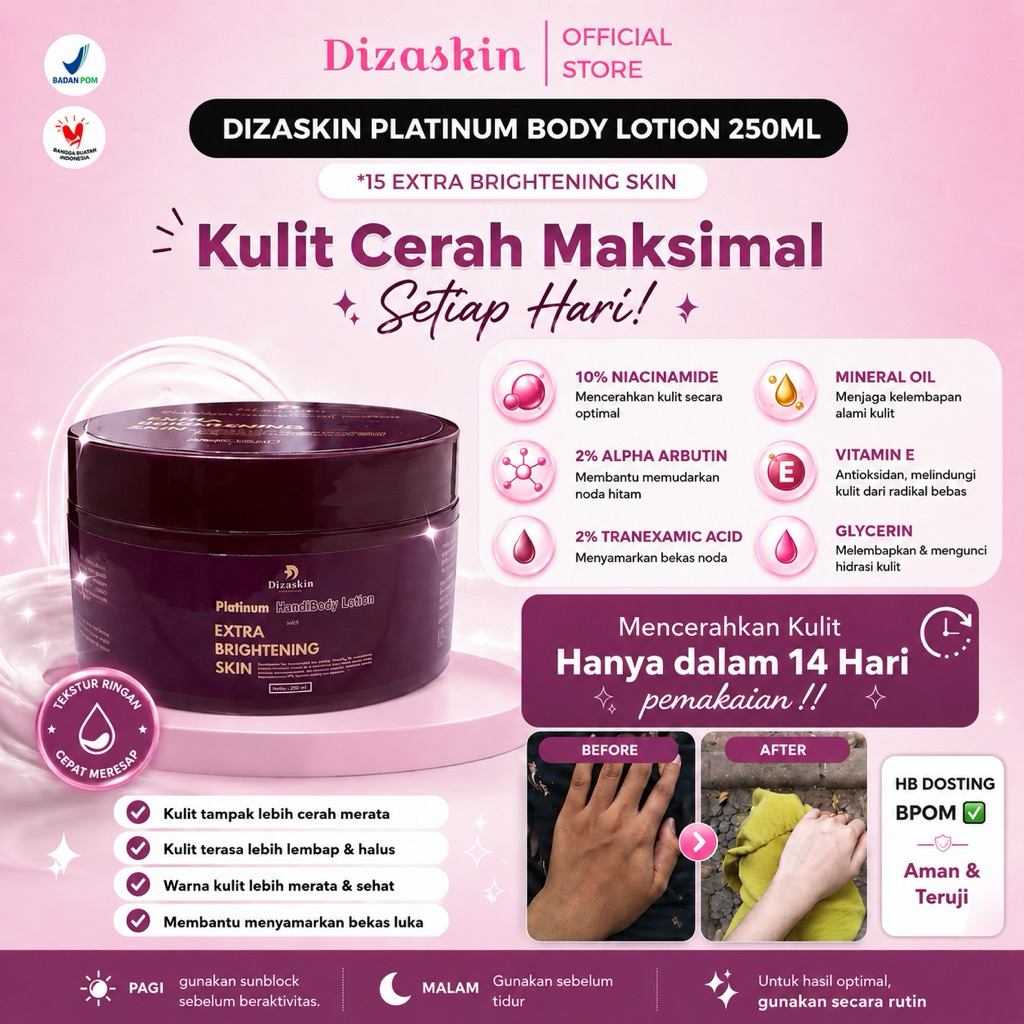 [UPGRADE] HB PLATINUM DIZASKIN 250ML | HB Pemutih BPOM | lotion pencerah