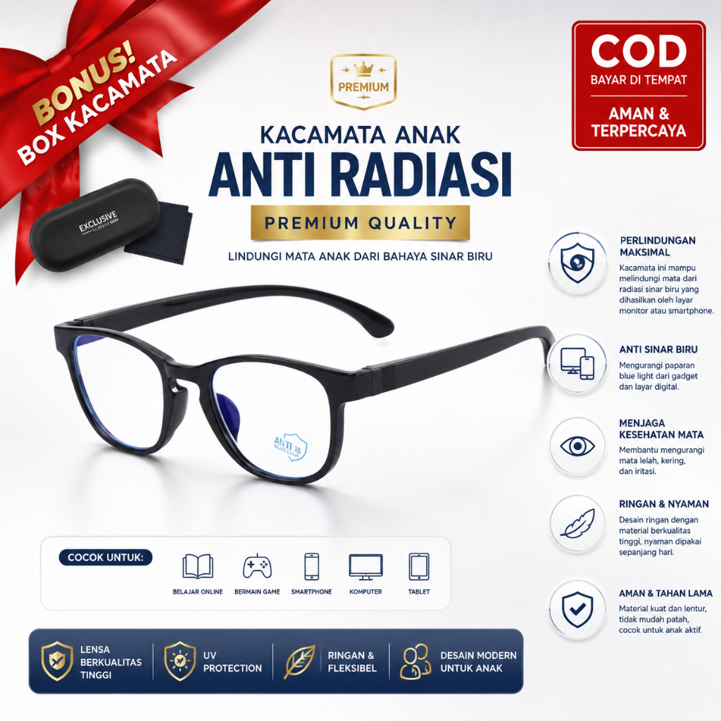 Kacamata Anak Anti Blue Light Radiasi | Pelindung Mata Anak Main HP/Tablet | UV400 Premium