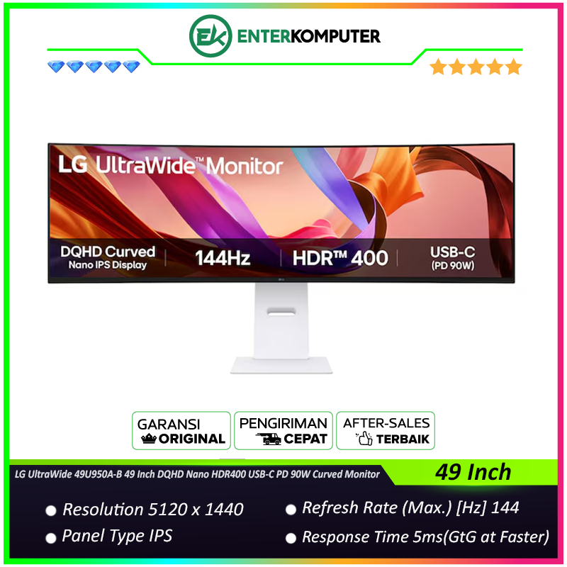 LG UltraWide 49U950A-B 49 Inch DQHD Nano IPS 144Hz HDR400 USB-C PD 90W Curved Monitor / Monitor 49 I