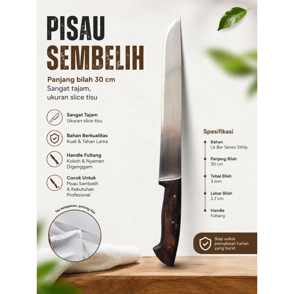 Pisau Sembelih L6 Bar Senso 30 cm Full Tang Pegangan Kayu | Pisau Potong Daging
