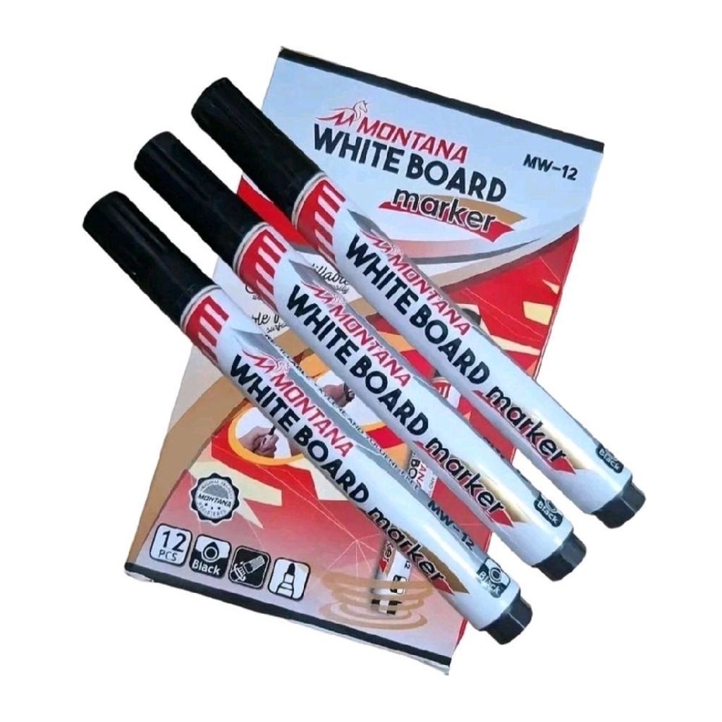 1 pack spidol montana whiteboard marker MW-12 hitam isi 12 pcs, bisa dihapus, tinta solid refillable