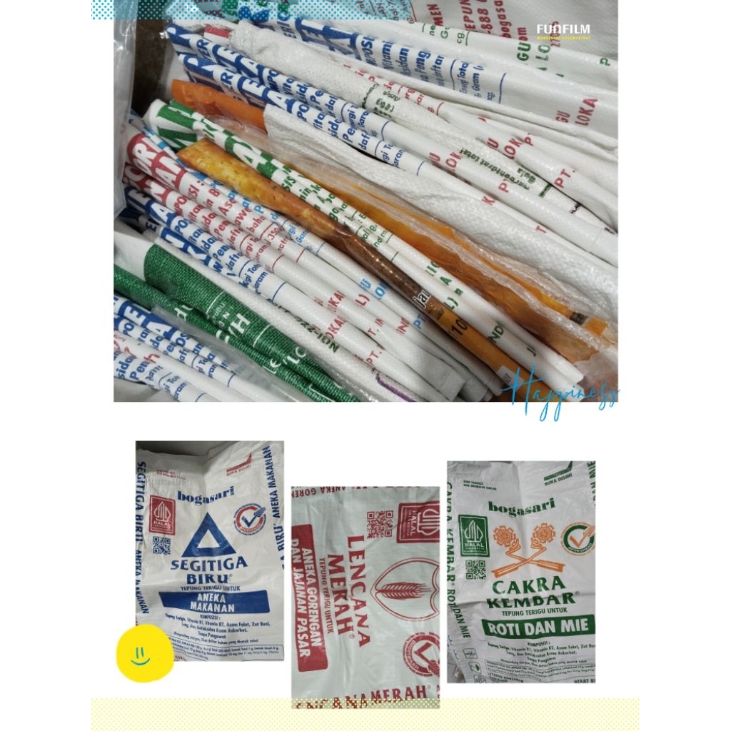 karung bekas tepung terigu uk. 50 x 80 kualitas premium randum ( cakra, segitiga, lencana merah) pak