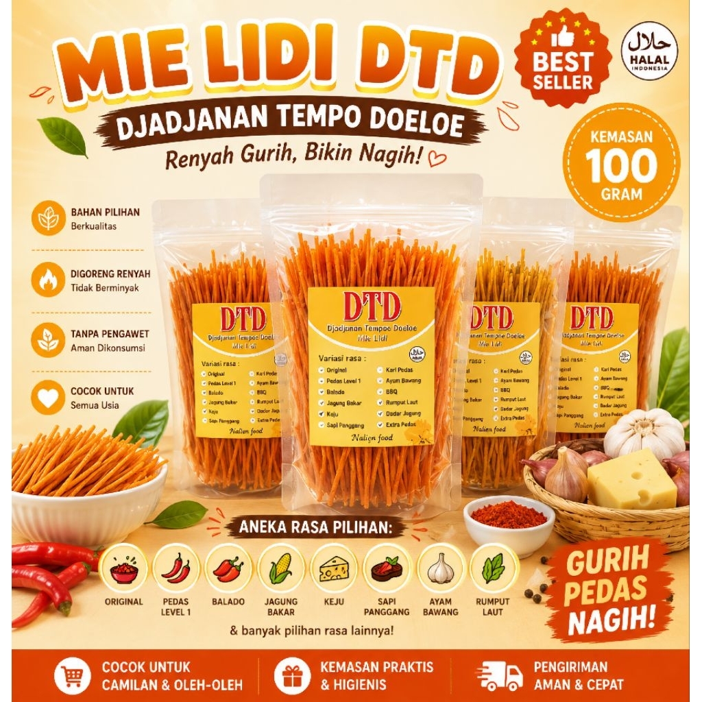 Mie lidi standing pouch 100 gram /27 varian rasa / mi lidi / nyere / lidi lidian / biting pedes