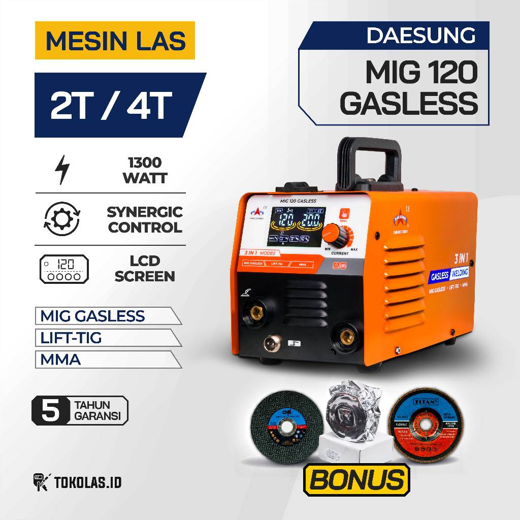 Mesin Las Daesung MIG 120 GASLESS Trafo Las Stainless Besi 3 in 1 Multifungsi TIG MMA MIG Tanpa Gas