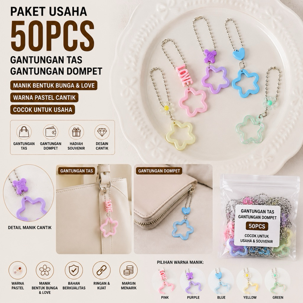 Paket Usaha 50 Pcs Gantungan Tas Gantungan Dompet Multifungsi Manik Bunga Charm Mix Aksesoris Kekini