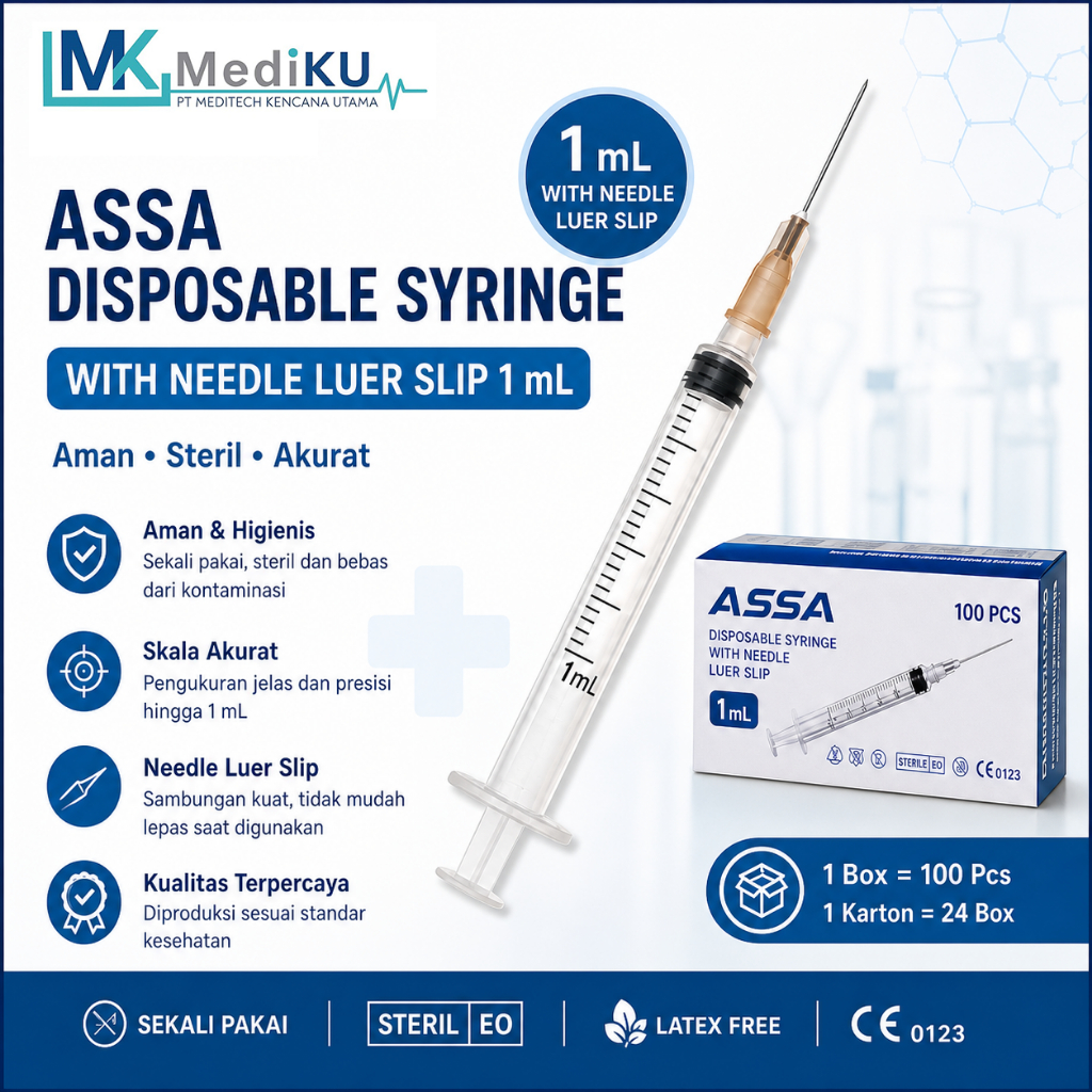 ASSA Disposable Syringe with Needle Luer Slip 1 mL (Box)