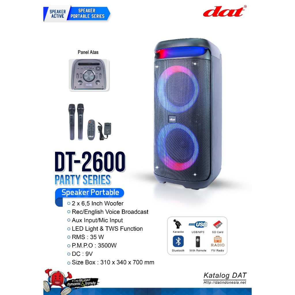 Speaker Party Karaoke DAT DT 2600 Free 2 Mic Wireless