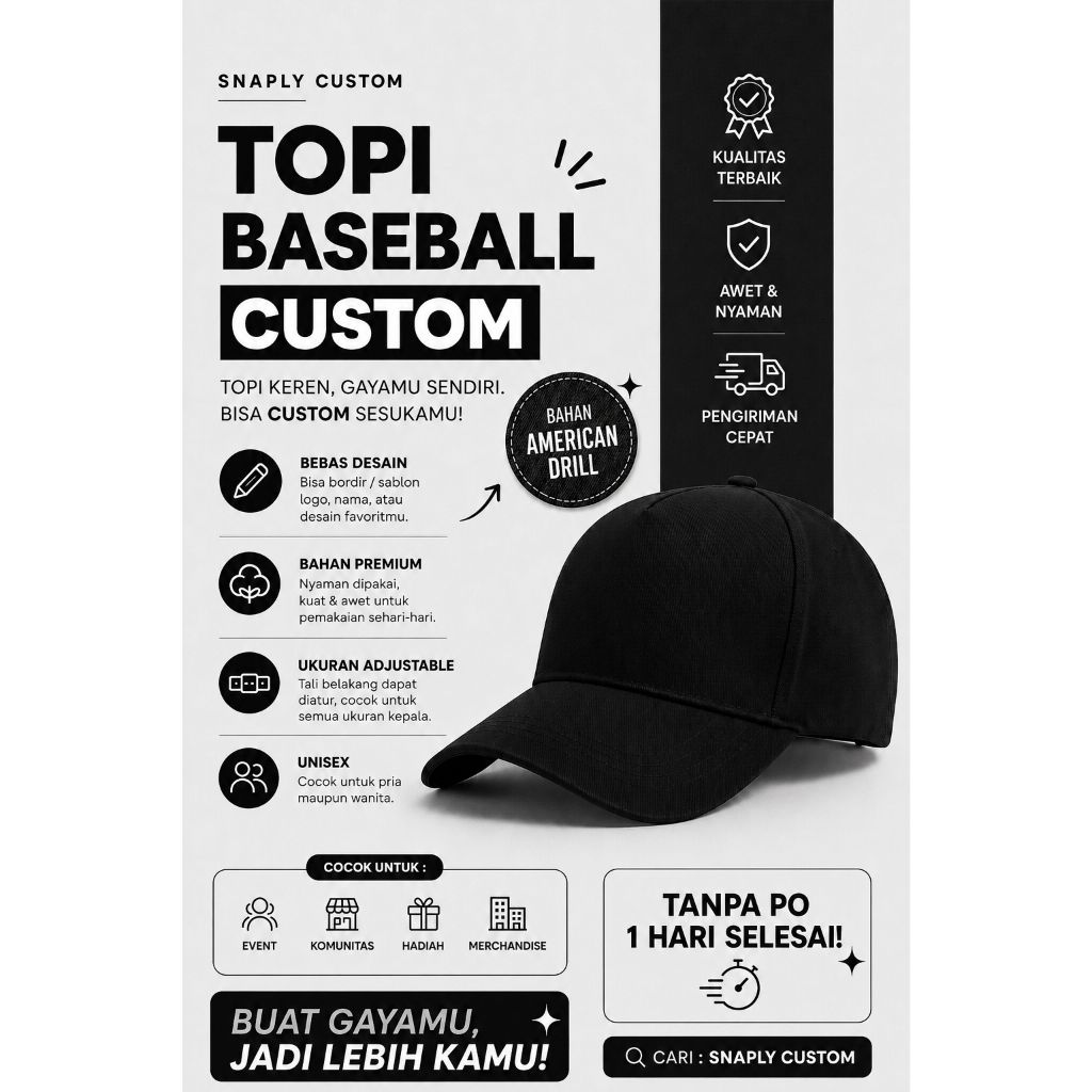 Topi Baseball Custom Bordir & Sablon DTF Premium | Topi Baseball American Drill | Bisa Satuan & Gros