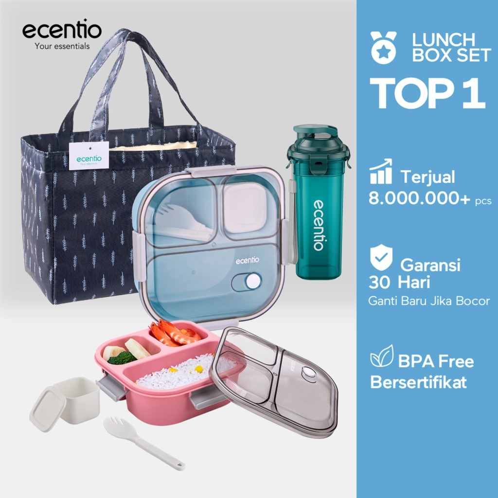 [PAKET TERLARIS] ecentio kotak makan set aesthetic premium 3 grid 1100ml lunch box anti tumpah anti 