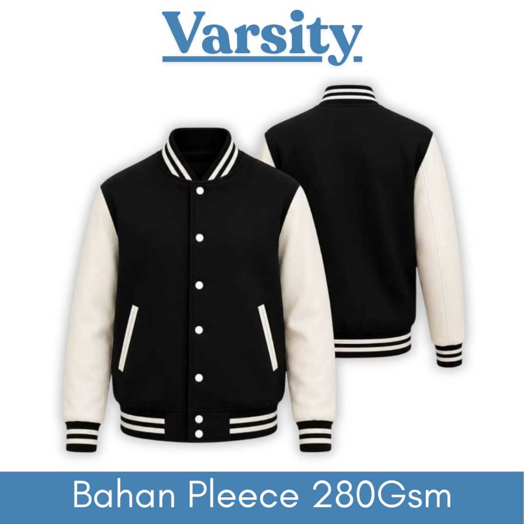 Jacket Varsity Baseball Kancing Polos Hitam Putih Pria Wanita Unisex Kekinian