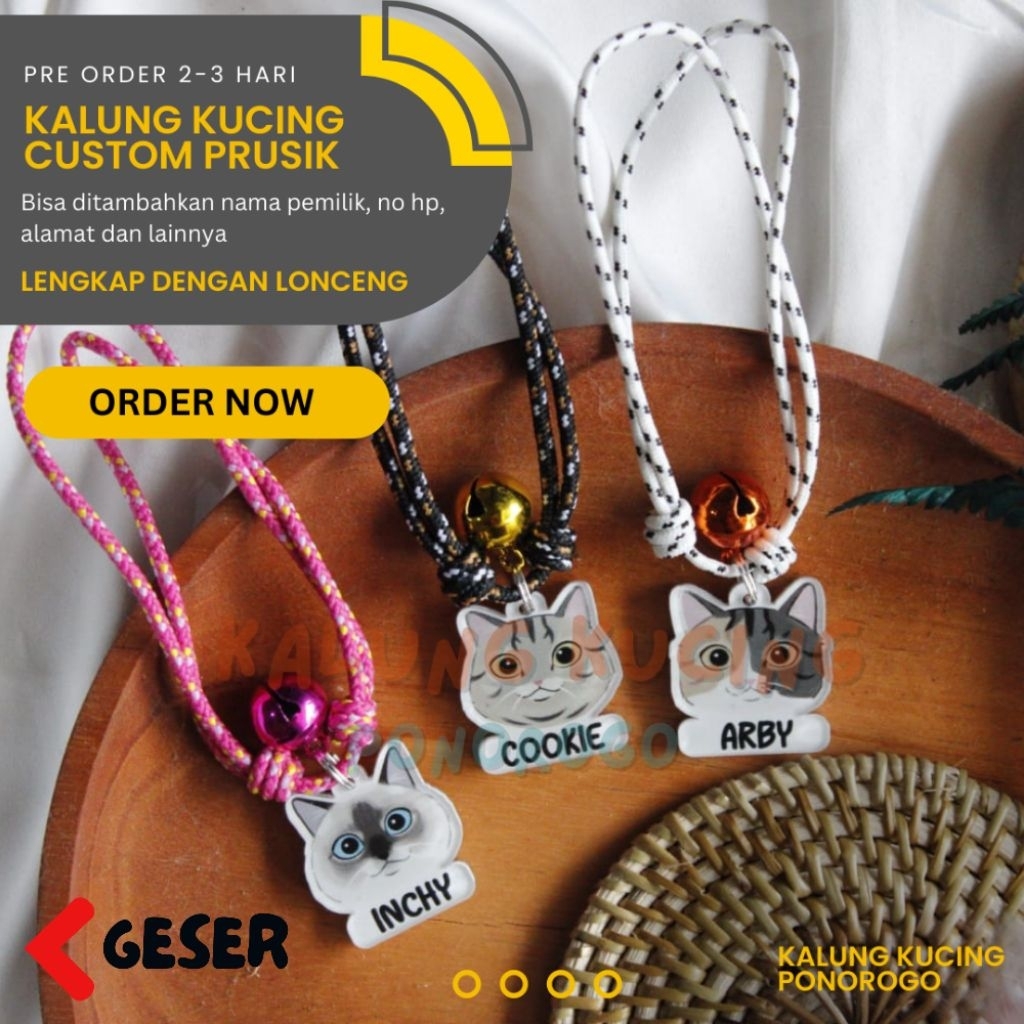 KALUNG KUCING CUSTOM NAMA AKRILIK TALI PRUSIK