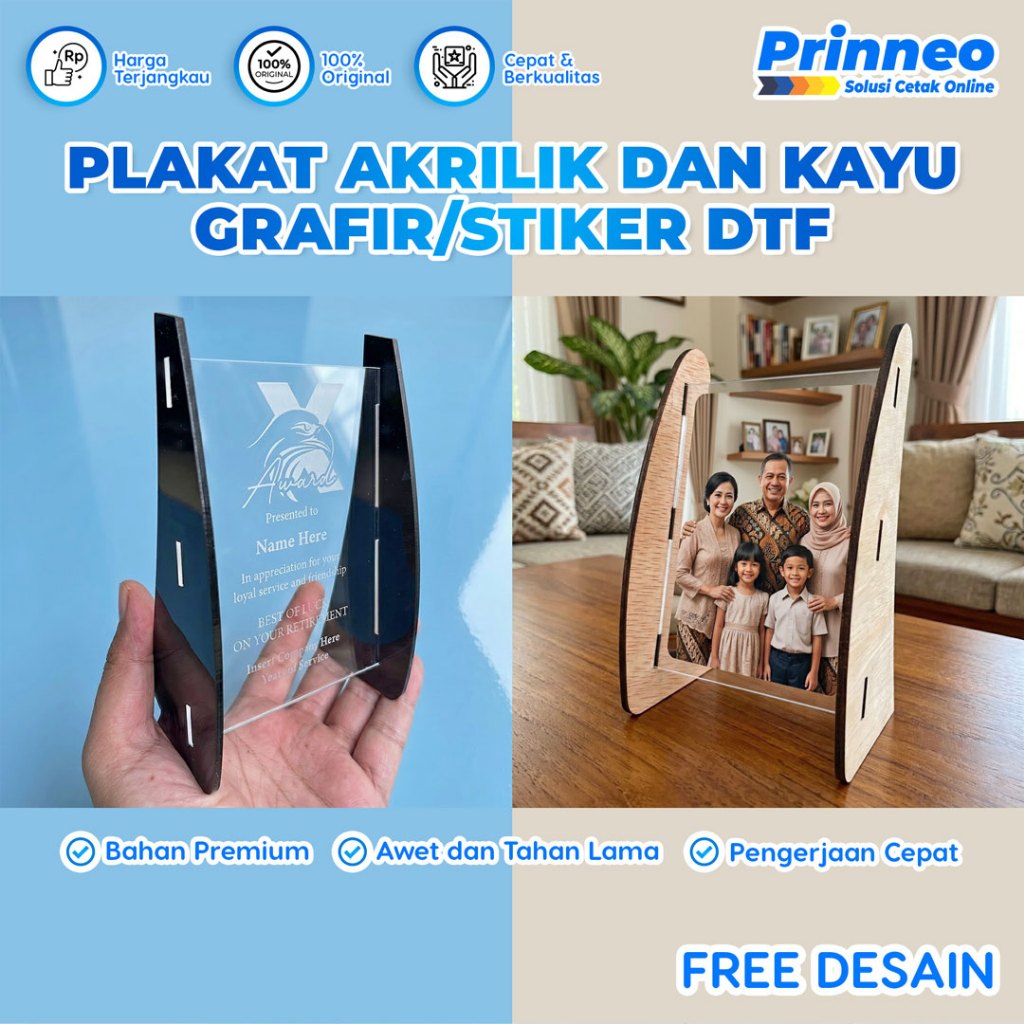 Plakat Akrilik Custom 3mm Kaki Kayu & Akrilik - Vandel Penghargaan Wisuda Kado Foto Grafir DTF