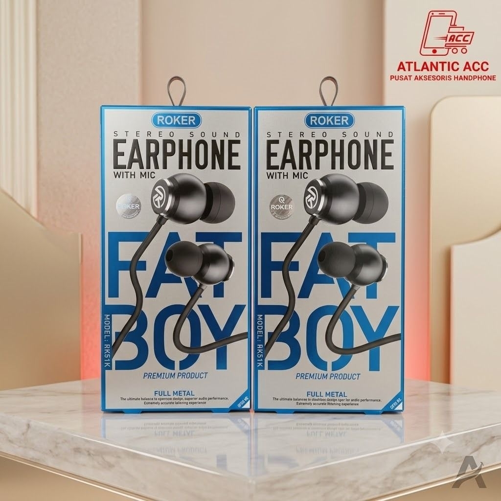 Earphone Headset Roker RK51K Fat Boy Stereo Sound Handsfree Universal With Mic Original