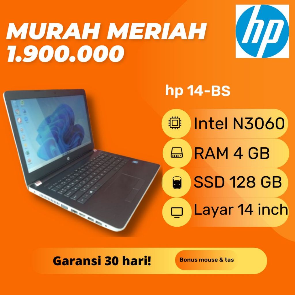 Laptop hp 14-bs718tu Black Silver Intel Celeron N3060 RAM 4 GB SSD 128 GB Windows 11 Second Bekas