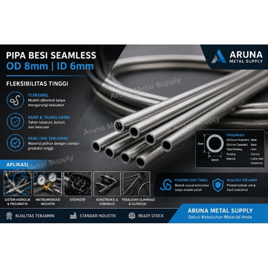 Pipa besi Od 8mm Id 6mm x 1meter | Pipa besi