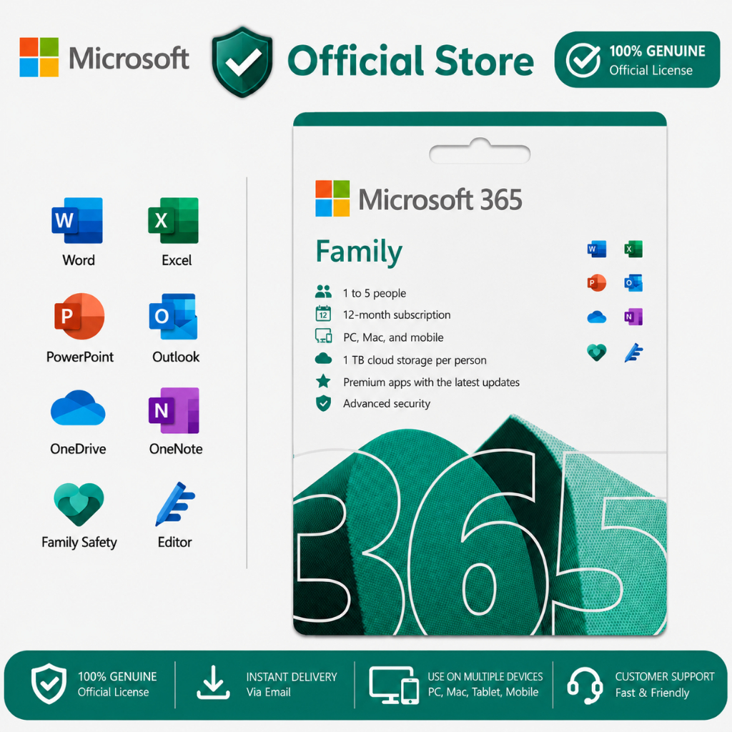 Microsoft 365 Family Original Access | 1–5 Users | 1TB OneDrive | Multi Device