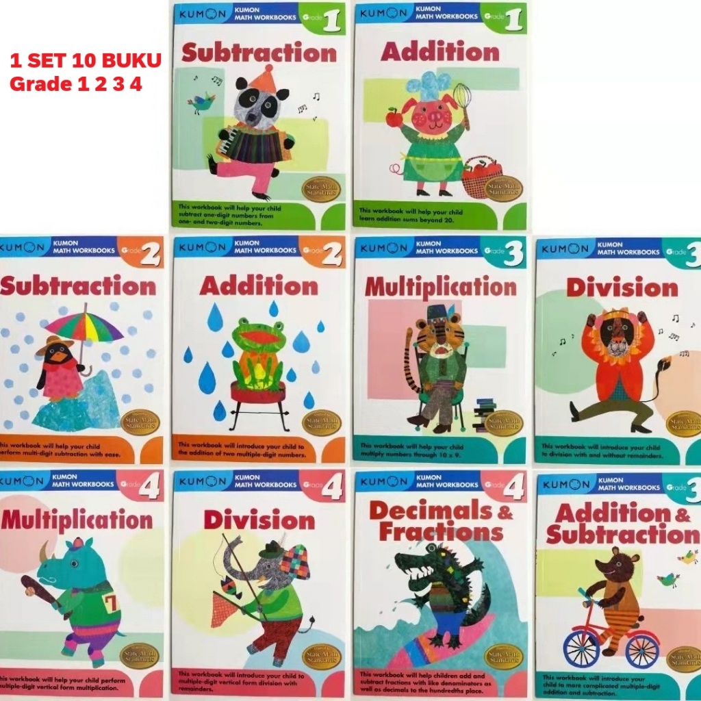 KUMON Math Workbook Grade 1 2 3 4 total 10 Buku - Buku Latihan Matematika Substraction Addition Mult