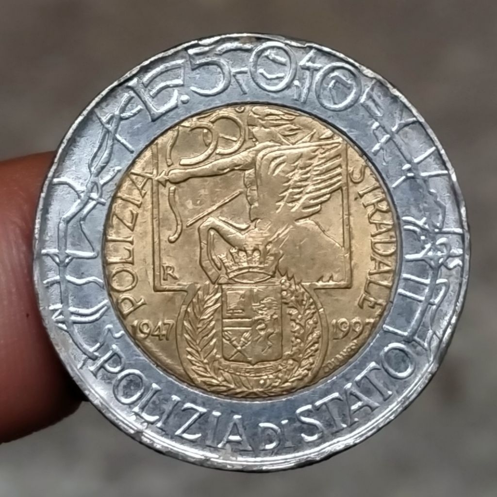 Koin Kuno Italia Bimetal 500 Lire 1997 Polisi Lalu Lintas