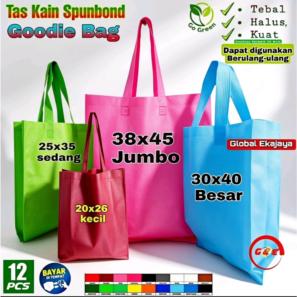 Lusinan 12 Tas Spunbond Goodie Bag Sedang Besar Jumbo Totebag Kain Belanja Godybag Ultah Pernikahan 