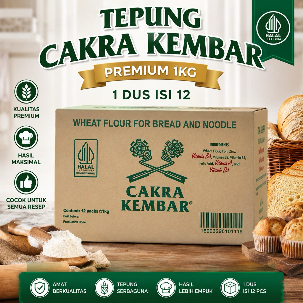 tepung cakra kembar premium kemasan 1kg 1 dus isi 12 - terigu cakra kembar premium premin