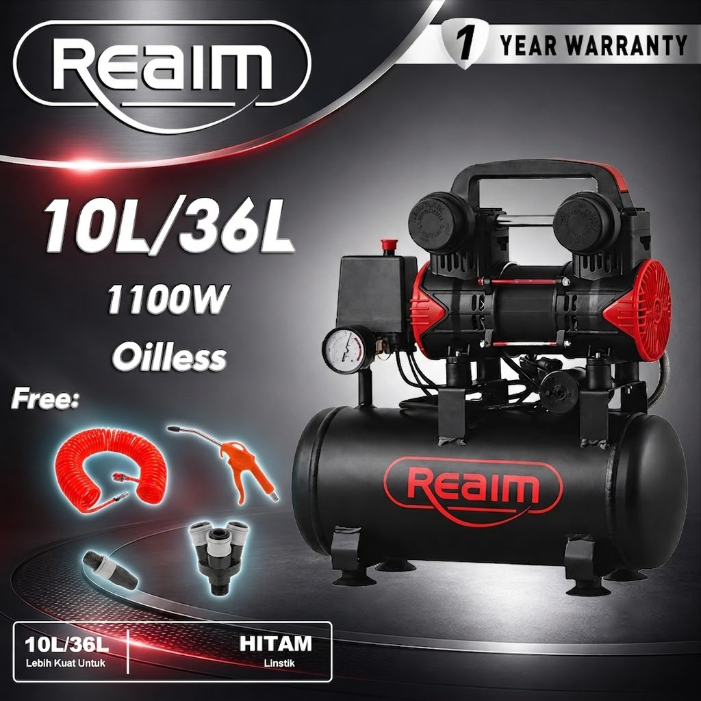 Reaim 10L/36L Kompresor Angin Listrik  Oilless  Silent Kompresor Listrik