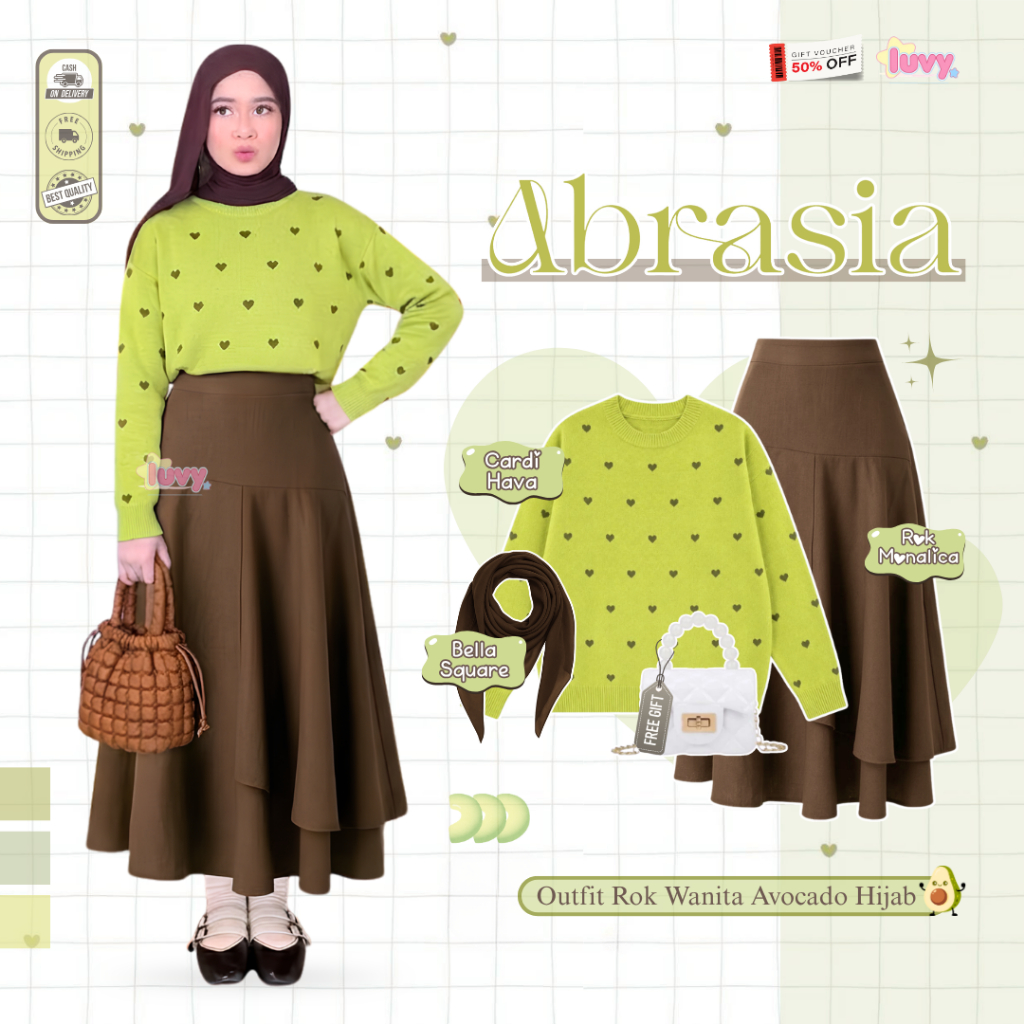 Outfit Avocado Cardigan Wanita Kekinian ( Jilbab Bella Square Coklat, Cardigan Hava Avocado, Rok Mon