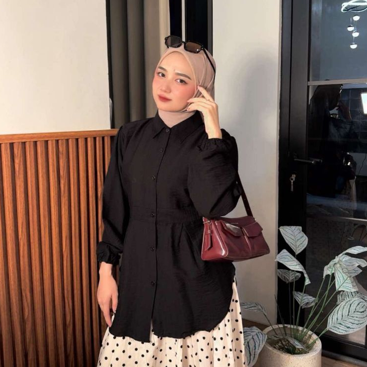 Zima Blouse Wanita Polo Linen Premium | Kemeja Tunik Lengan Panjang Karet Pinggang Belakang