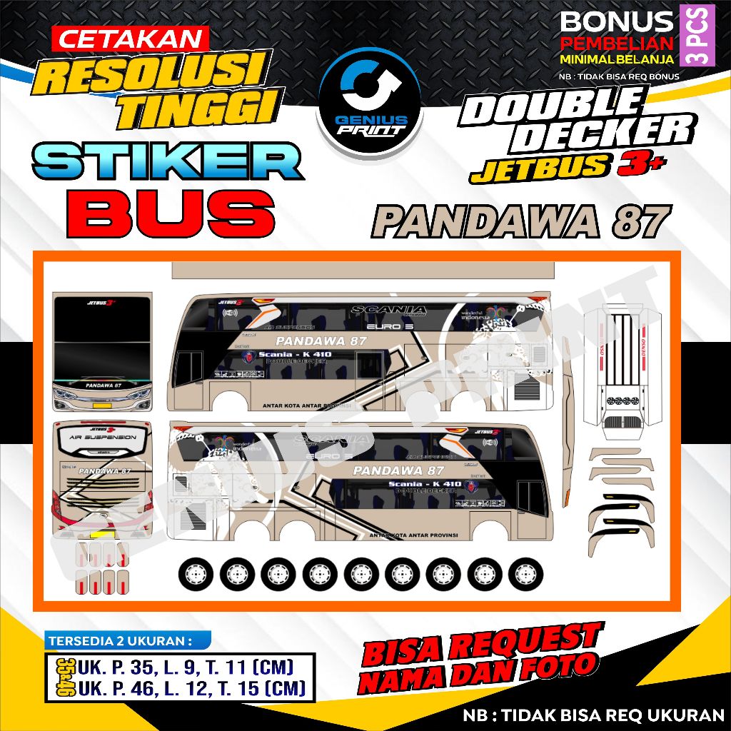 Stiker A3 Miniatur Bus Double Decker Jetbus 3+ Livery Pandawa 87 Uk. 35/46cm