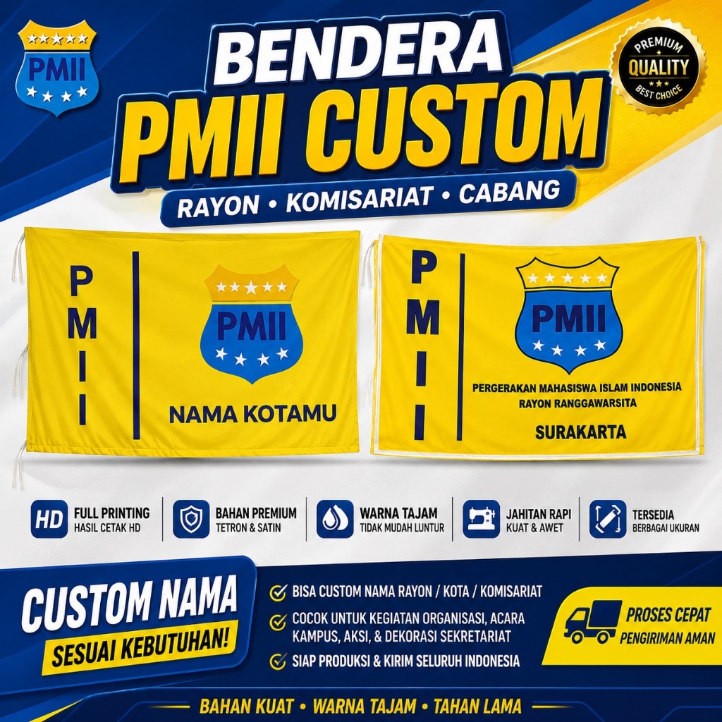 Bendera PMII Custom Nama Rayon Komisariat Cabang | Full Printing Tetron Satin | Ukuran Bebas