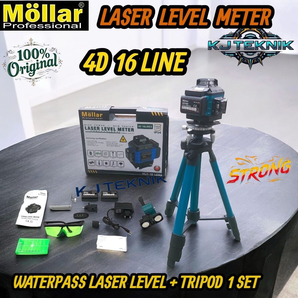 1Set LASER LEVEL MOLLAR LENGKAP Tripod + Remote Laser Level 16 Line 4D/ Waterpas laser Mollar 16Line