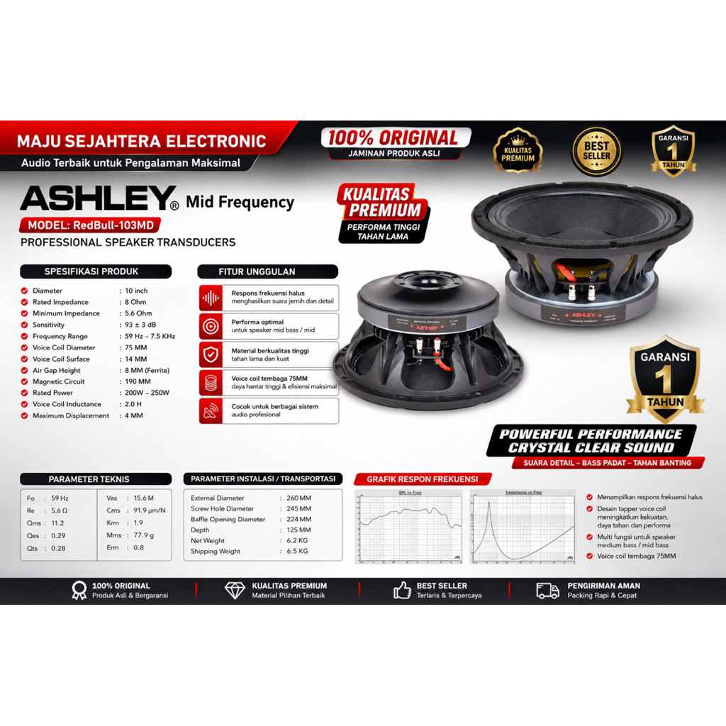 SPEAKER KOMPONEN ASHLEY 10 INCH REDBULL-103MD REDBULL103MD REDBULL 103MD ORIGINAL