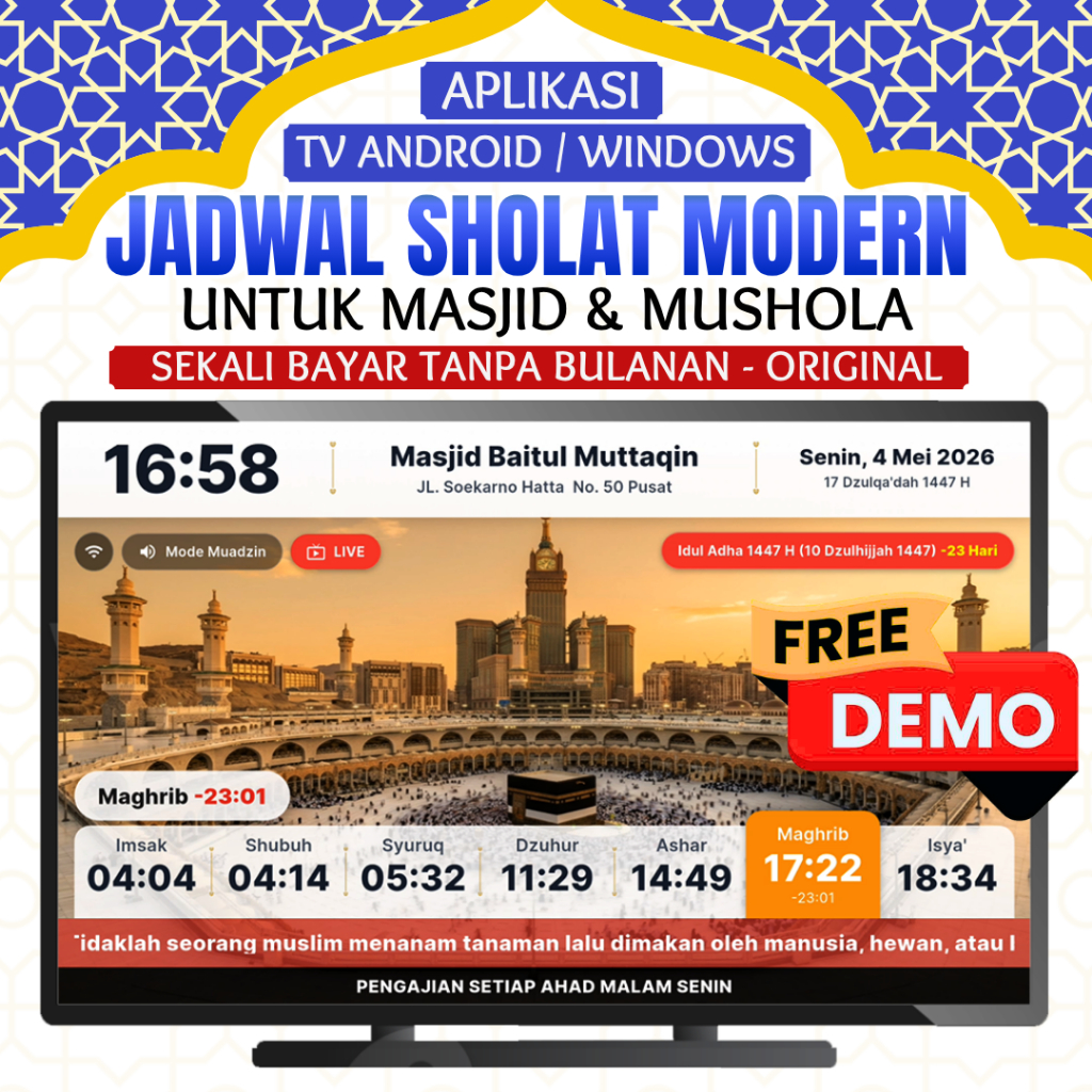 Lisensi Software Jam Waktu Sholat TV Masjid & Mushola Bebas Berlangganan - Jam Jadwal Sholat TV Digi