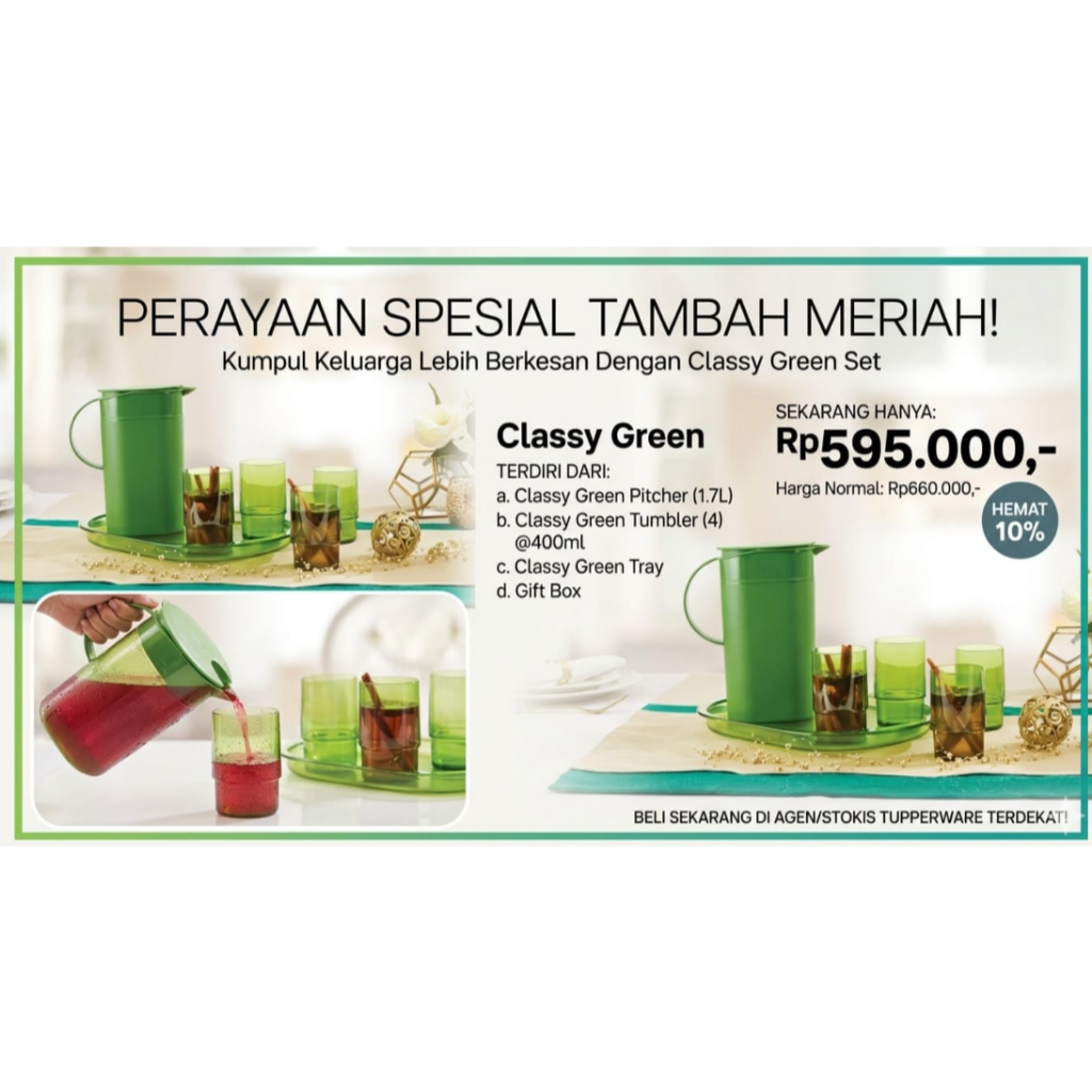 Tupperware Classy Green (1 set: 1 pc Pitcher 1,7L, 4 pcs Tumbler @400ml, 1 pc Tray, dan Gift Box)