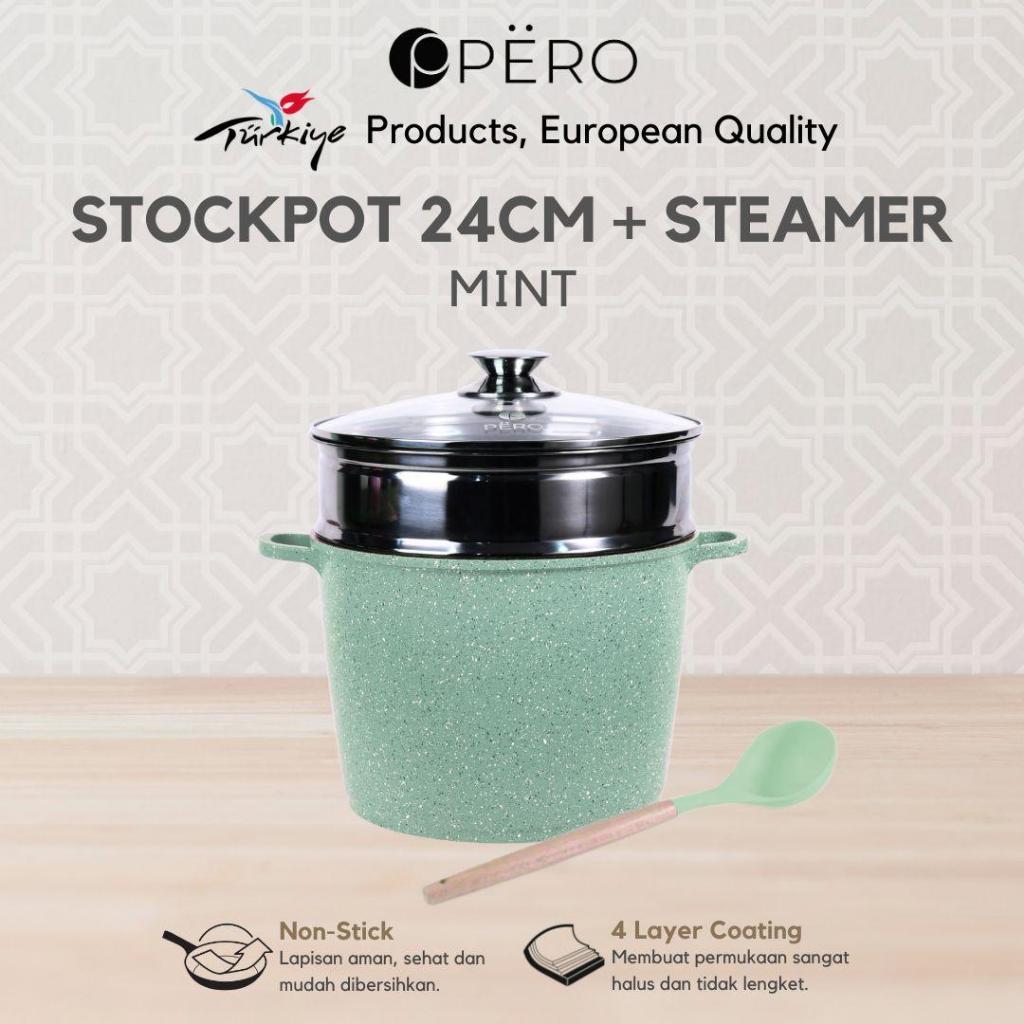 [Promo Best Deal] Pero Stock Pot Panci Gentong 24cm with Steamer Stainless / Panci Granite Anti Leng
