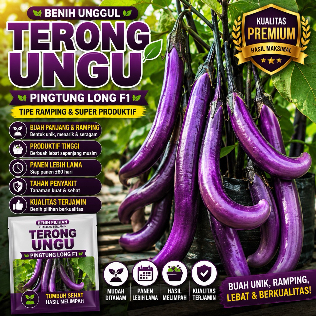 100 Benih Bibit Biji - Terong Ungu Pingtung Long F1 Hibrida Seeds - Panen dalam 80 Hari - Tipe Rampi