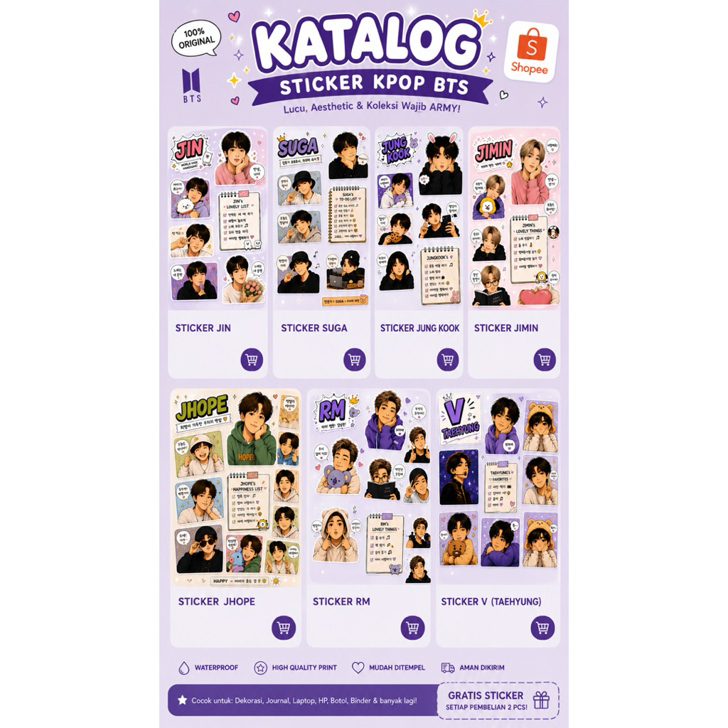 Sticker Pack BTS Jin RM J-Hope Suga Jimin V Jongkook Aesthetic Kartun Dekorasi Hp Ipad Laptop Helm