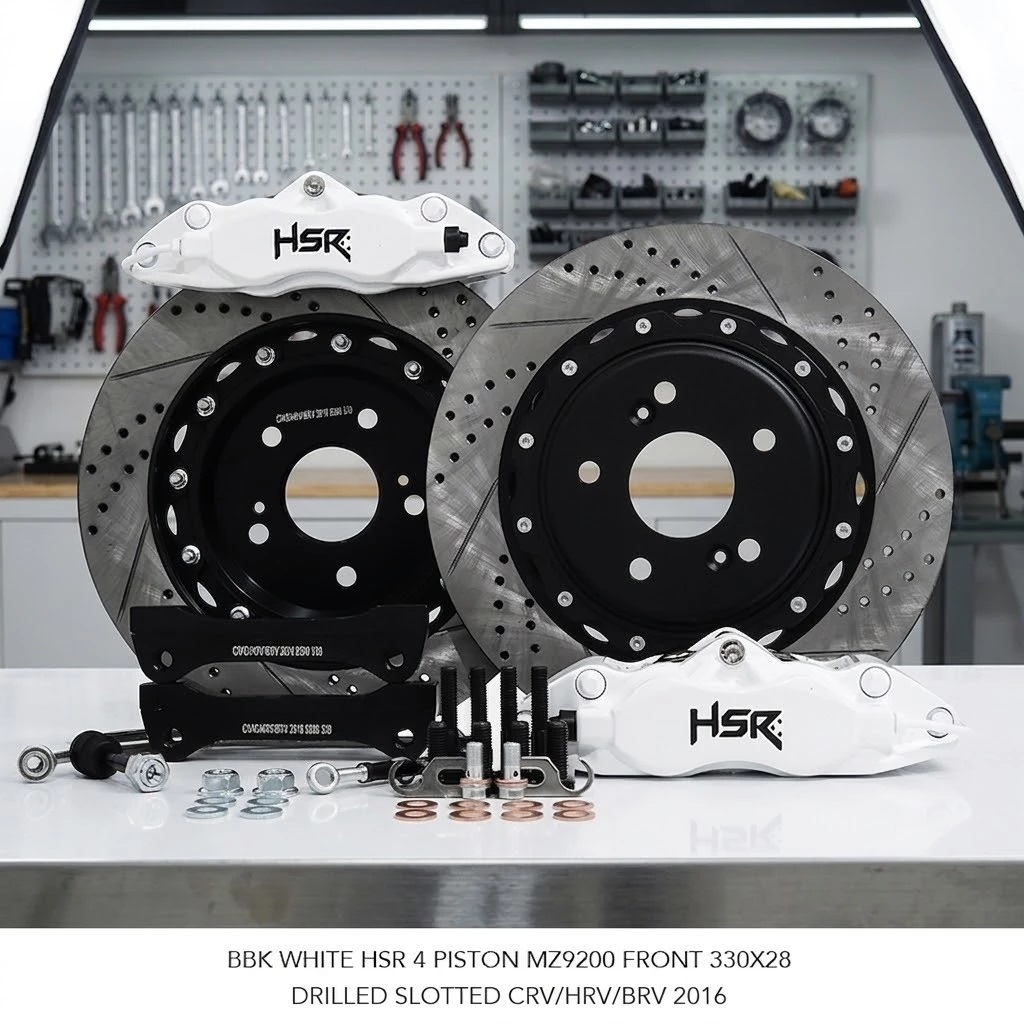 BBK WHITE HSR 4 PISTON MZ9200 FRONT 330X28 DRILLED SLOTTED CIVIC HRV BRV 2016 BBK BREMBO HSR TERBARU